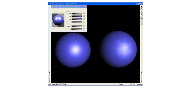 Per-pixel lighting shader (left) versus per-vertex lighting (right)