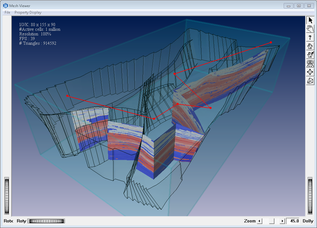 Example of fence slice with a Z direction vector. A red SoLineSet is used to display the polyline of the fence slice. A transparent mesh skin and the mesh outlines are also displayed.