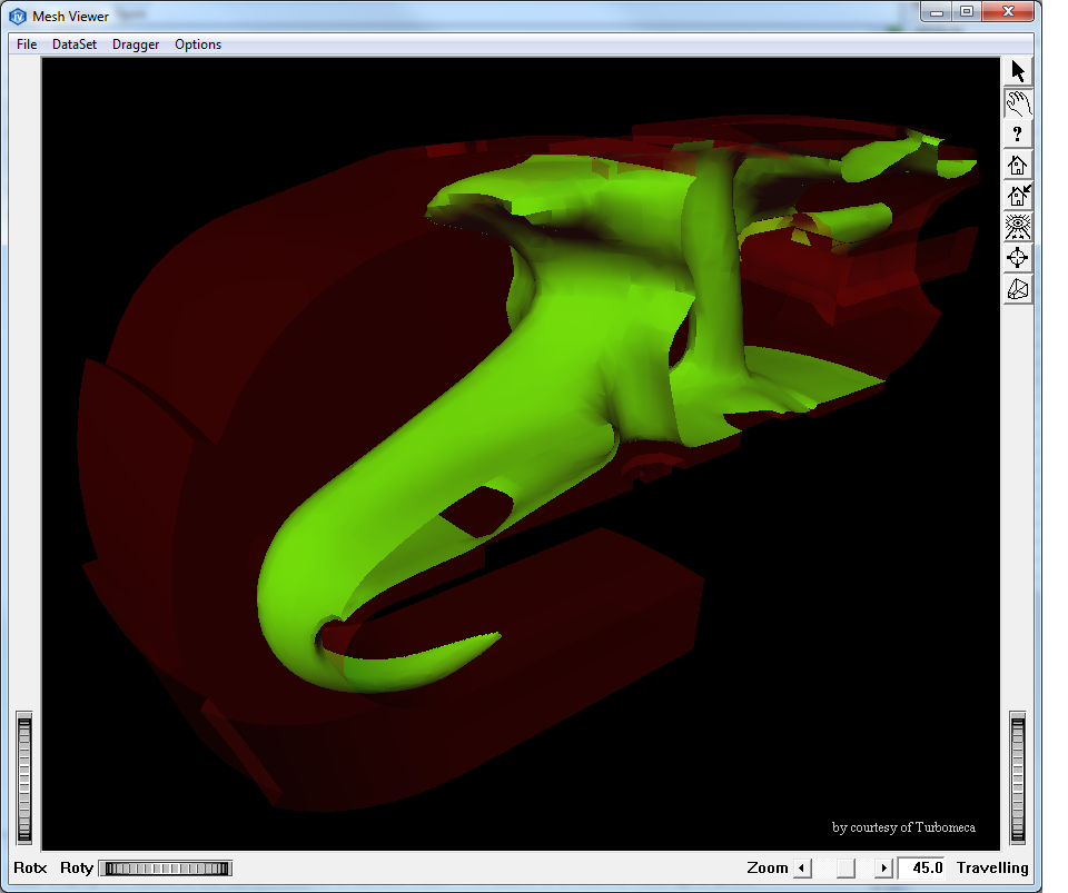 Example showing a green isosurface with a transparent red mesh skin. No data set is mapped onto this isosurface