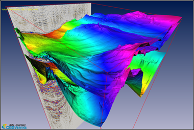 Multiple very large seismic horizon surfaces (courtesy CGG Veritas)