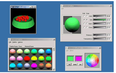 A render area, material editor, material palette, and color editor