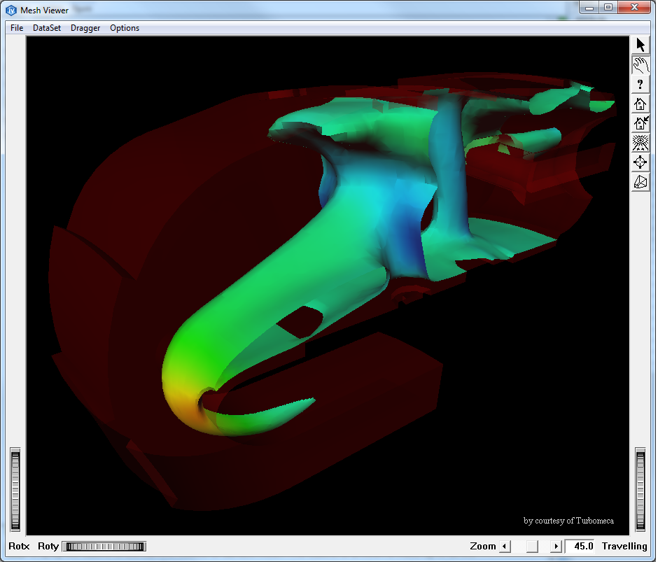 Example showing an isosurface with a transparent red mesh skin. The isosurface is extracted from a first scalar dataset and colored with a second one.