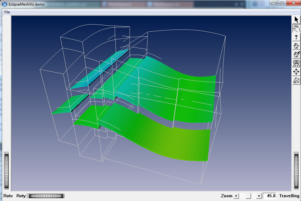 Example showing a logical slice with a white mesh outline extracted from an hexahedron IJK mesh containing faults.