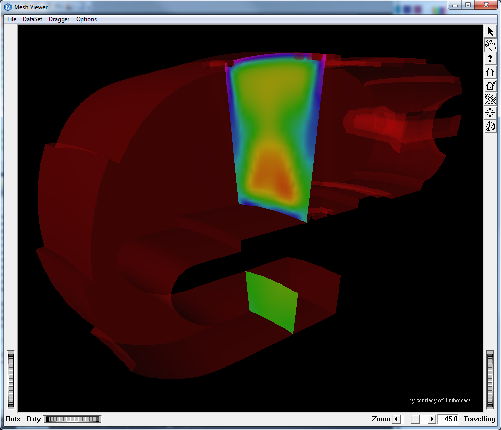 Example showing a plane slice inside a volume mesh represented by a red and transparent mesh skin