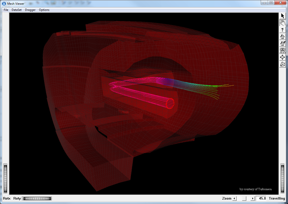 Examples showing a set of streamlines starting from the red circle. These lines are inside a volume mesh represented by a red and transparent mesh skin