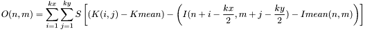 \[O(n,m)=\sum_{i=1}^{kx} \sum_{j=1}^{ky} S\left[\left(K(i,j)-Kmean\right)-\left(I(n+i-\frac{kx}{2},m+j-\frac{ky}{2})-Imean(n,m)\right)\right]\]