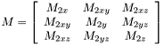 \[M= \left[ \begin{array}{ccc} M_{2x} & M_{2xy} & M_{2xz}\\ M_{2xy} & M_{2y} & M_{2yz}\\ M_{2xz} & M_{2yz} & M_{2z}\end{array}\right]\]
