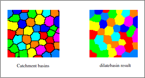 Figure 2: Example of label expansion with OBJECTS mode applied to the result of SoMarkerBasedWatershedProcessing engine with CATCHMENT mode