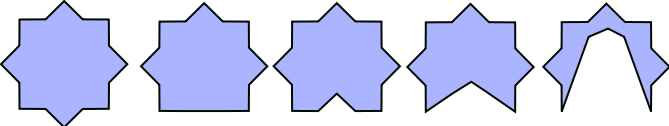 Examples of symmetry measure: From left to right, the symmetry factor is equal to 0.99, 0.879, 0.775, 0.723 and 0.214.
